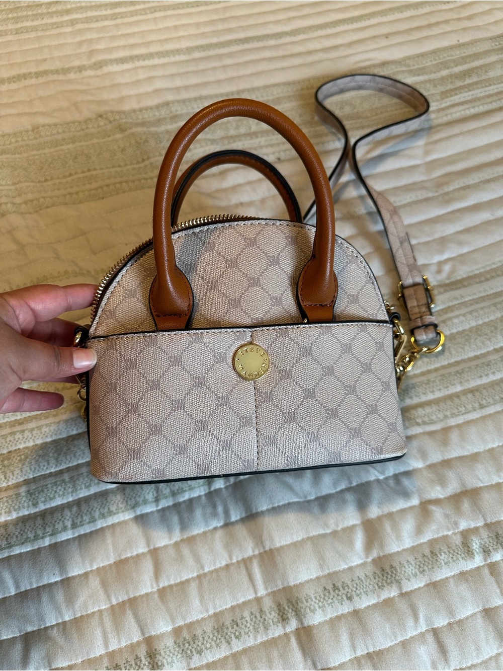 Tan Handle Cream Patterned Mini Steve Madden Satchel Crossbody Bag